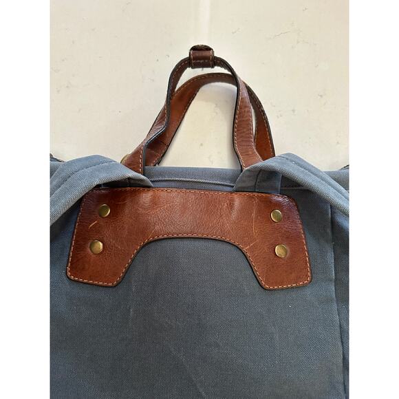 Crate and Barrel x FRYE Blue-Grey Canvas brown leather Backpack org $228.00 - Picture 3 of 16